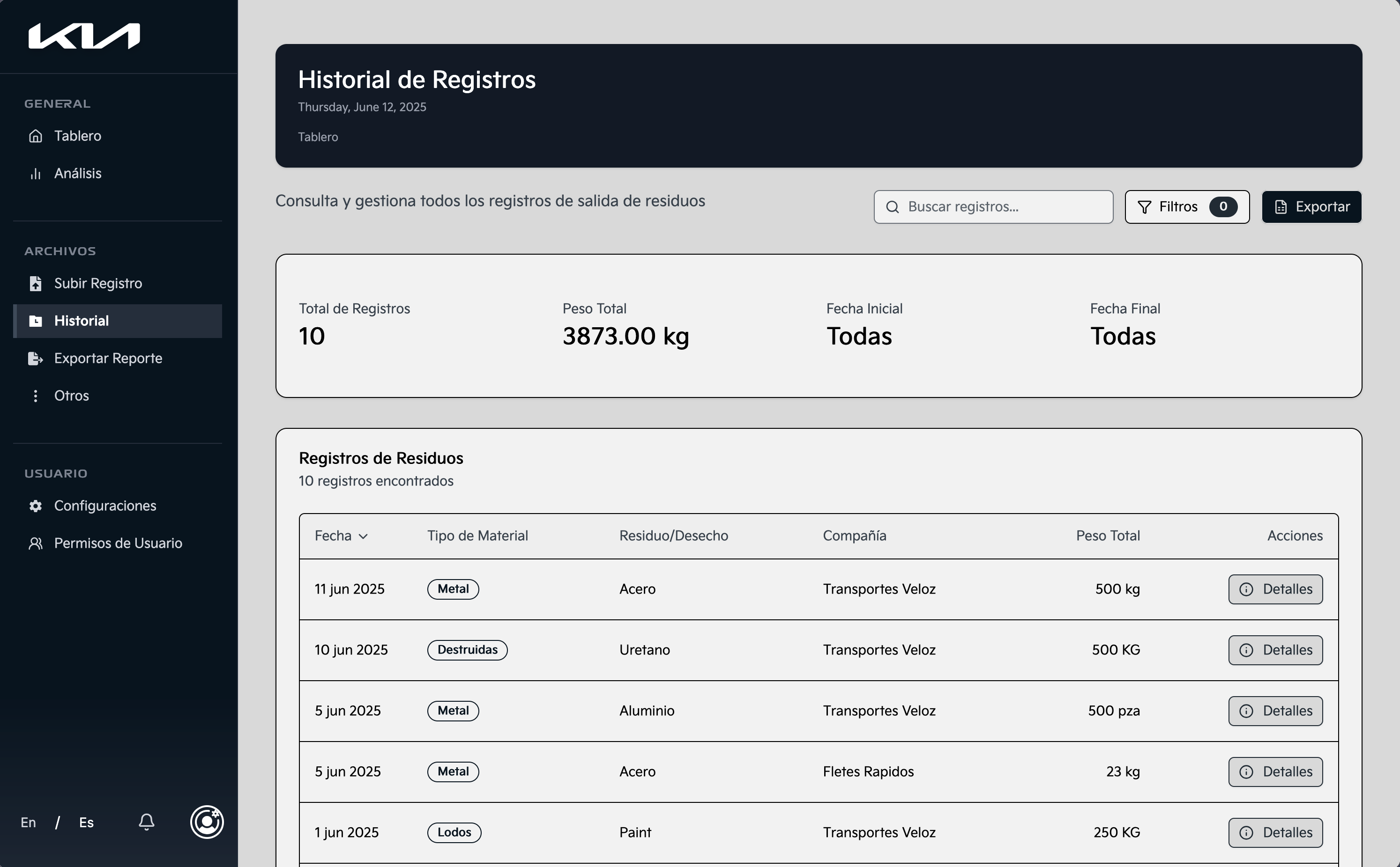 The Kia waste management application’s records table