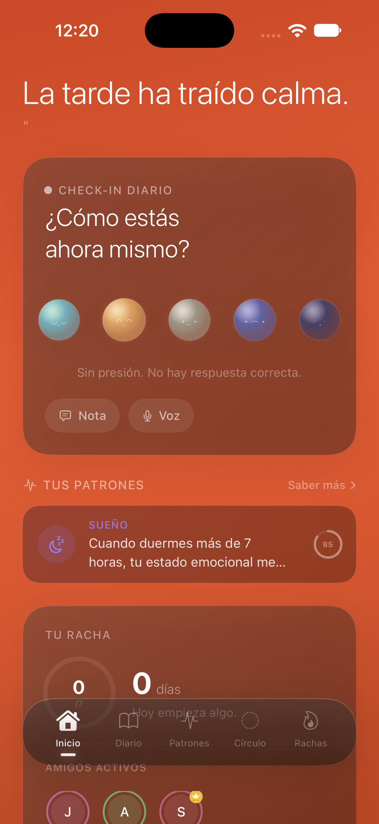 Luma’s original iOS home screen with daily check-in, mood choices, patterns, and journaling navigation