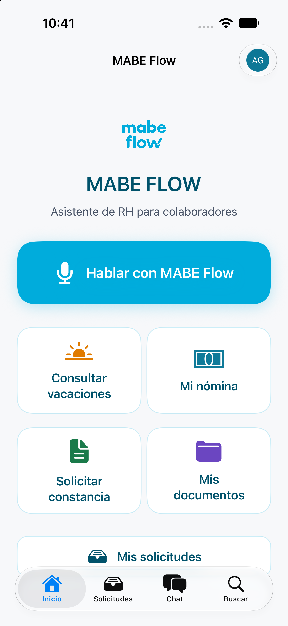 The actual Mabe Flow iOS app home screen, with voice assistance, vacation, payroll, and document tools