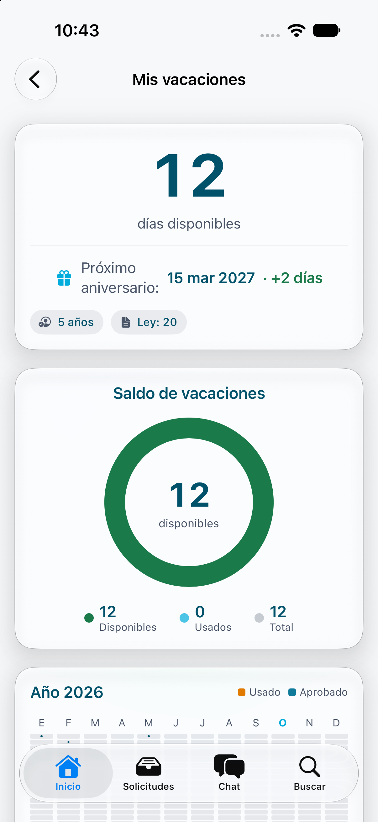 The actual Mabe Flow iOS vacation dashboard displaying bundled demo balances and requests