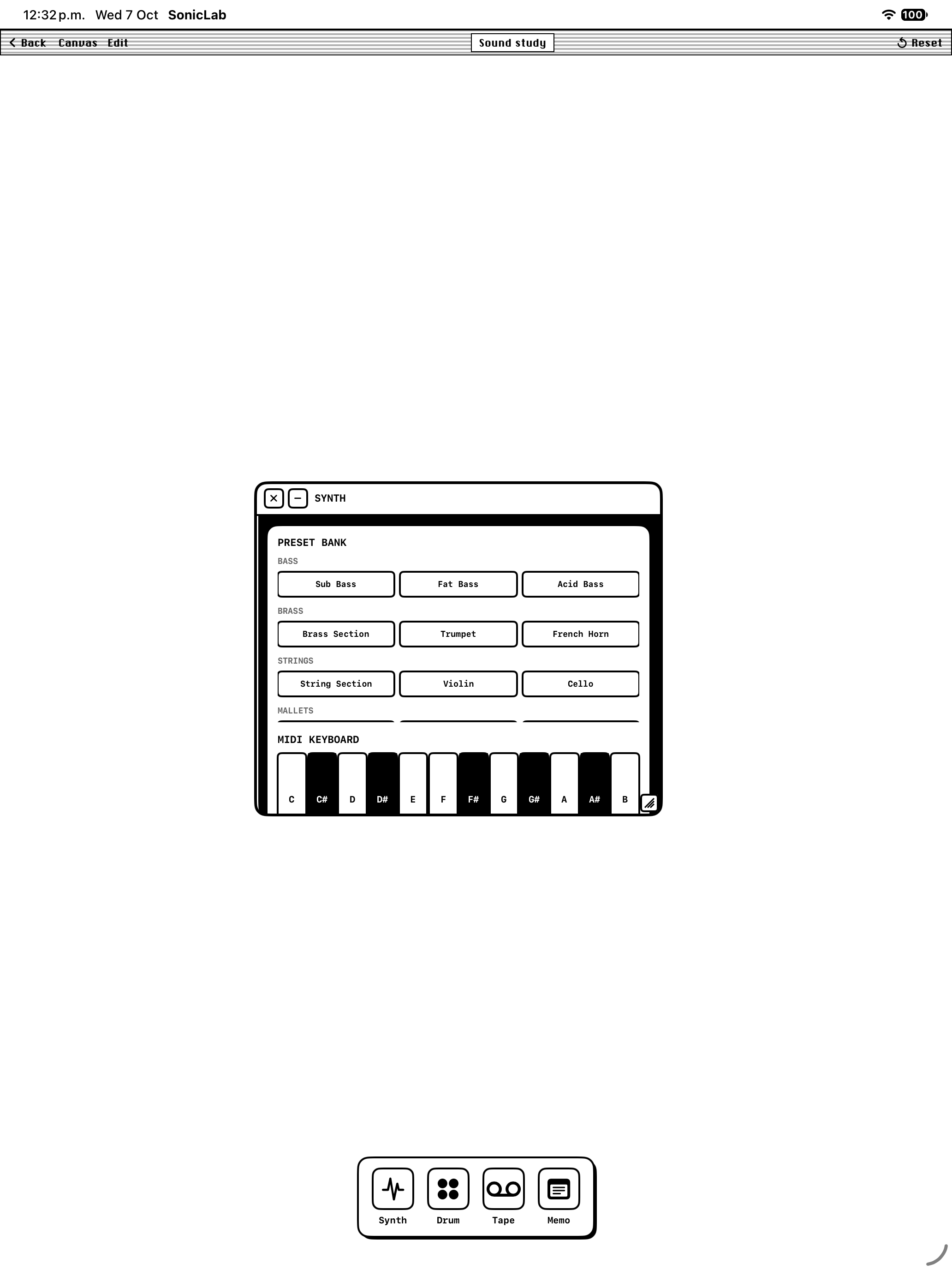 SonicLab’s original iPad canvas with its synthesizer, preset bank, and MIDI keyboard open