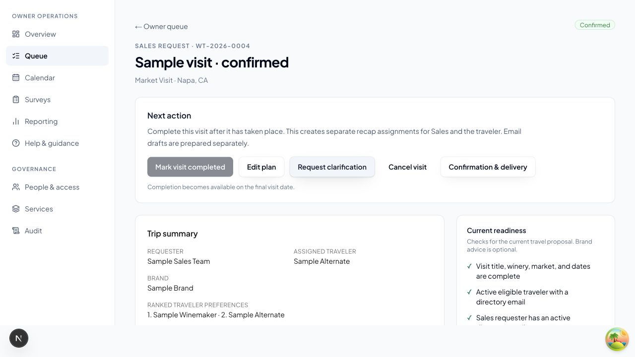 Winemaker Travel’s original visit detail showing a confirmed sample proposal, follow-up actions, traveler information, and readiness checks